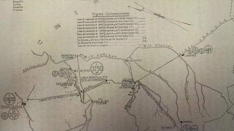 Engineering diagram showing the interconnection of the dam at La Boquilla into the wider Boquilla-Francke grid and types of regional electrical demand. // Enr�quez, Oscar R. Desarrollo el�ctrico-agr�cola de los distritos de riego de la Laguna y Delicias y su relaci�n con el sistema el�ctrico interconectado de las plantas del Rio Conchos y la termoel�ctrica de Francke. Irrigaci�n en M�xico: �rgano oficial de la Comisi�n Nacional de Irrigaci�n 25, no. 2 (1944): 35.